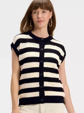 OPEN KNIT COTTON
NEUTRAL BUTTON DOWN SLEEVELESS VEST IVORY CREAM SIZES L XXL NWT